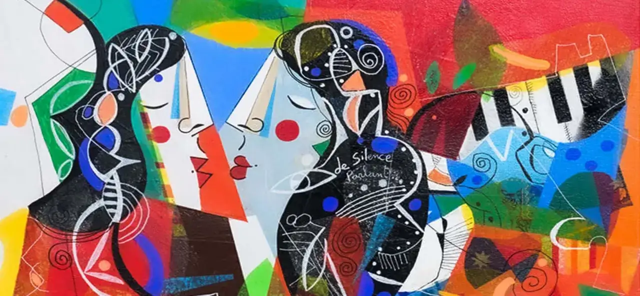Vibrant contemporary feminist art depicts two abstract figures in a dynamic embrace, with musical notes and bold colors suggesting a powerful narrative of expression and connection.