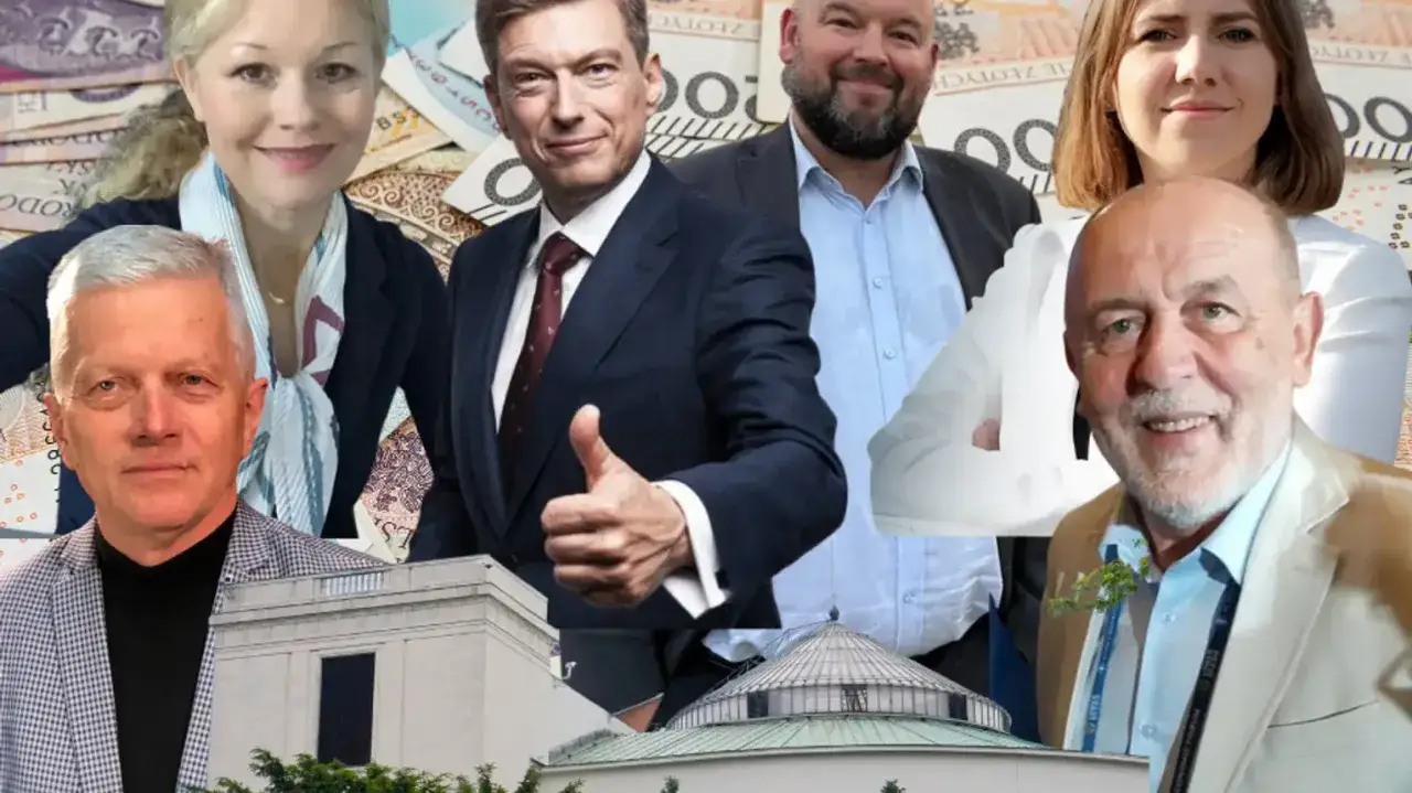 Czy żony polityków PiS ujawnią swoje majątki odrębne w 2026 roku? Politycy i budynki Sejmu na tle banknotów.
