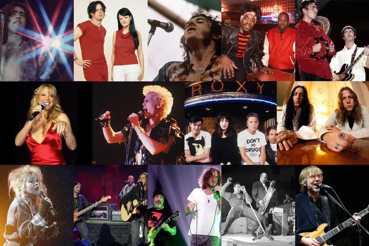 Kolaż muzyczny: The White Stripes, Billy Idol, The Cure, Oasis, Mariah Carey, Cyndi Lauper, Soundgarden, i inni. Zespoły rockowe zagraniczne alfabetycznie.