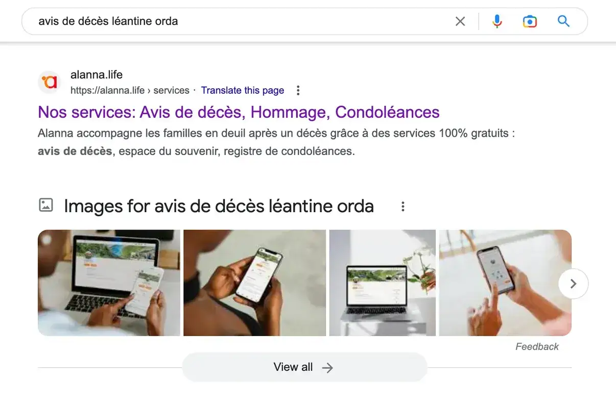 Recherche d'avis de d&eacute;c&egrave;s en ligne. Alanna propose des services gratuits pour accompagner les familles en deuil.