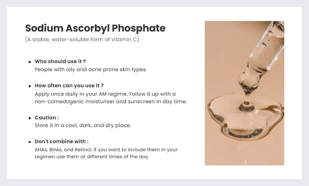 Kropla serum z **sodium ascorbyl phosphate** spływa z pipety. Produkt polecany dla skóry tłustej i trądzikowej.