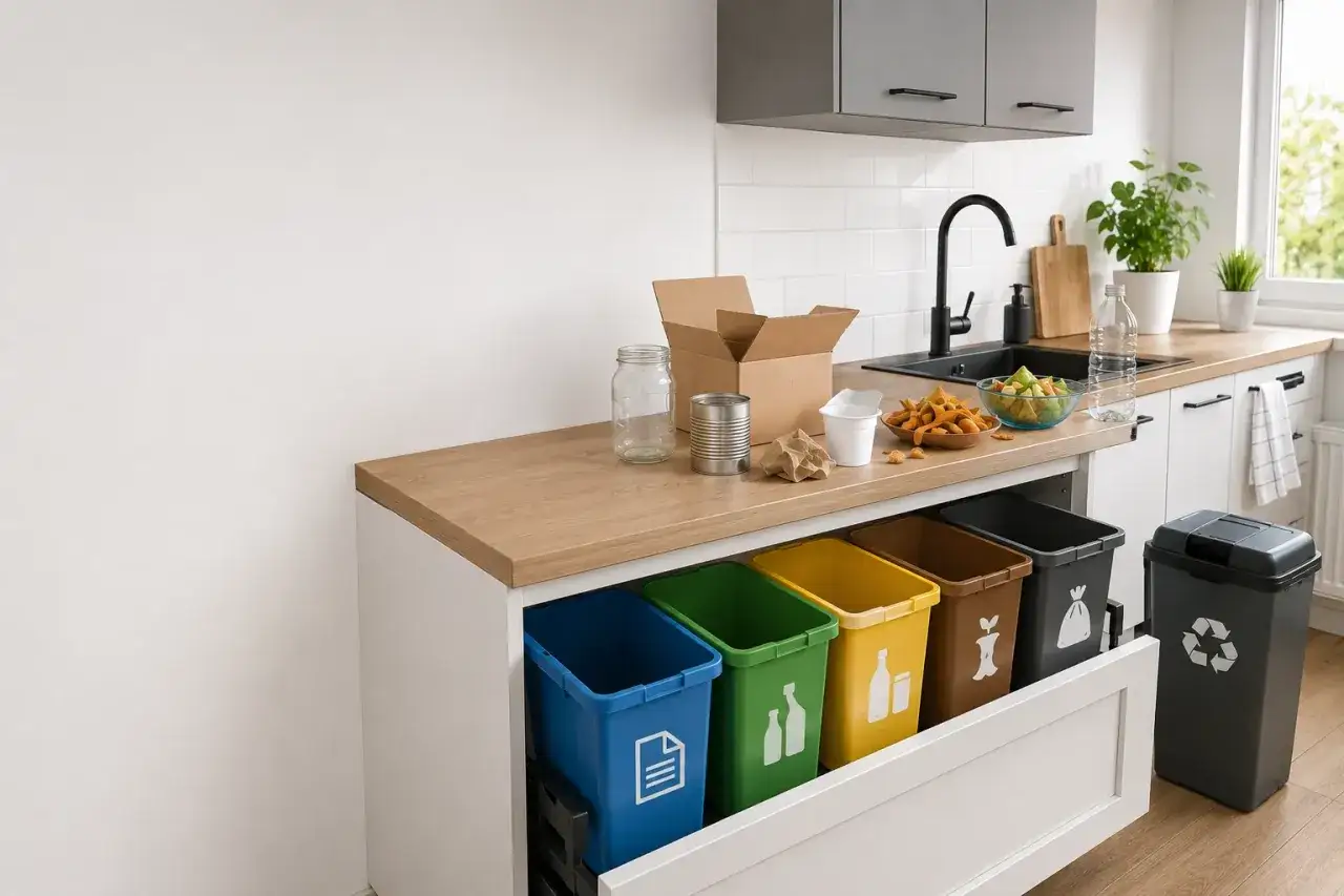 Praktyczne przykłady recyklingu w życiu codziennym: segregacja odpadów w kuchni, karton, puszka, słoik i plastikowe opakowania czekają na swoje miejsce w kolorowych pojemnikach.