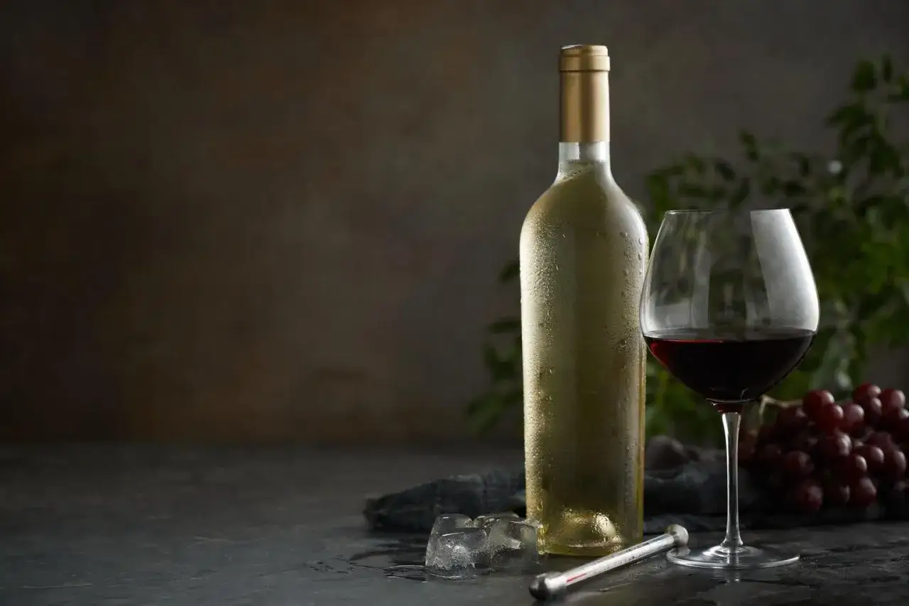 En flaska kallt vitt vin med en termometer bredvid, som visar r&auml;tt vitt vin temperatur. Ett glas r&ouml;tt vin och vindruvor st&aring;r ocks&aring; uppdukat.