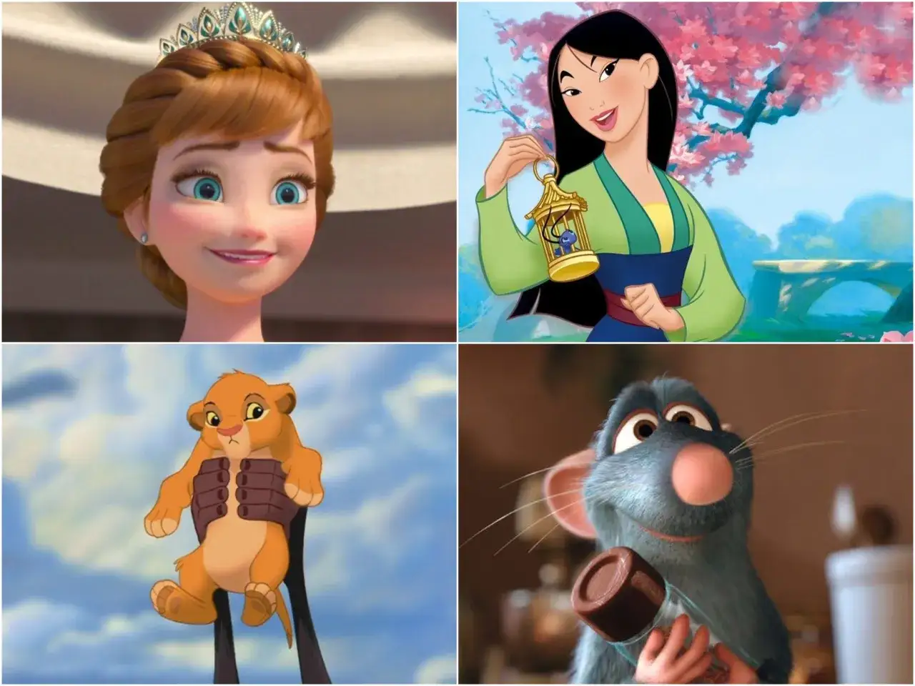 Kolaż z postaciami Disneya: Anna z koroną, Mulan z ptaszkiem, Simbka i szczur Remy.