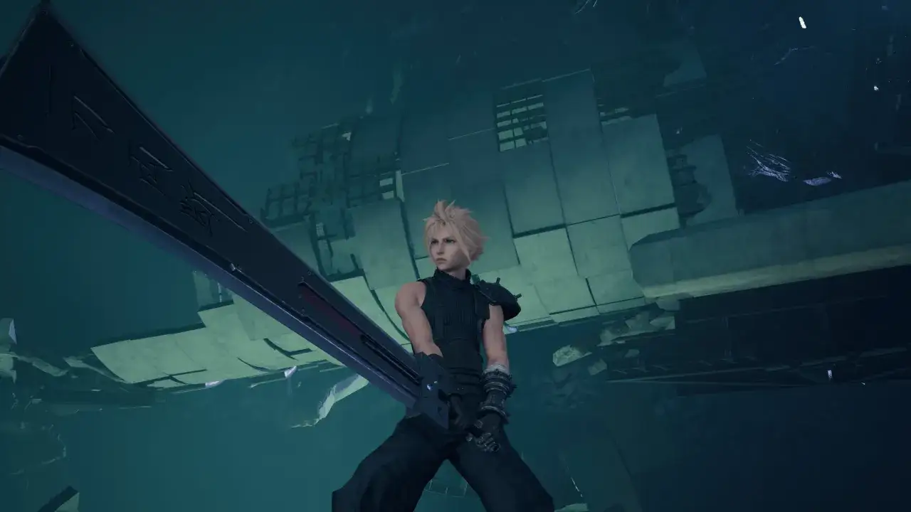 Cloud z mieczem w Final Fantasy 7 Remake PC, gotowy do walki w mrocznym, industrialnym otoczeniu.
