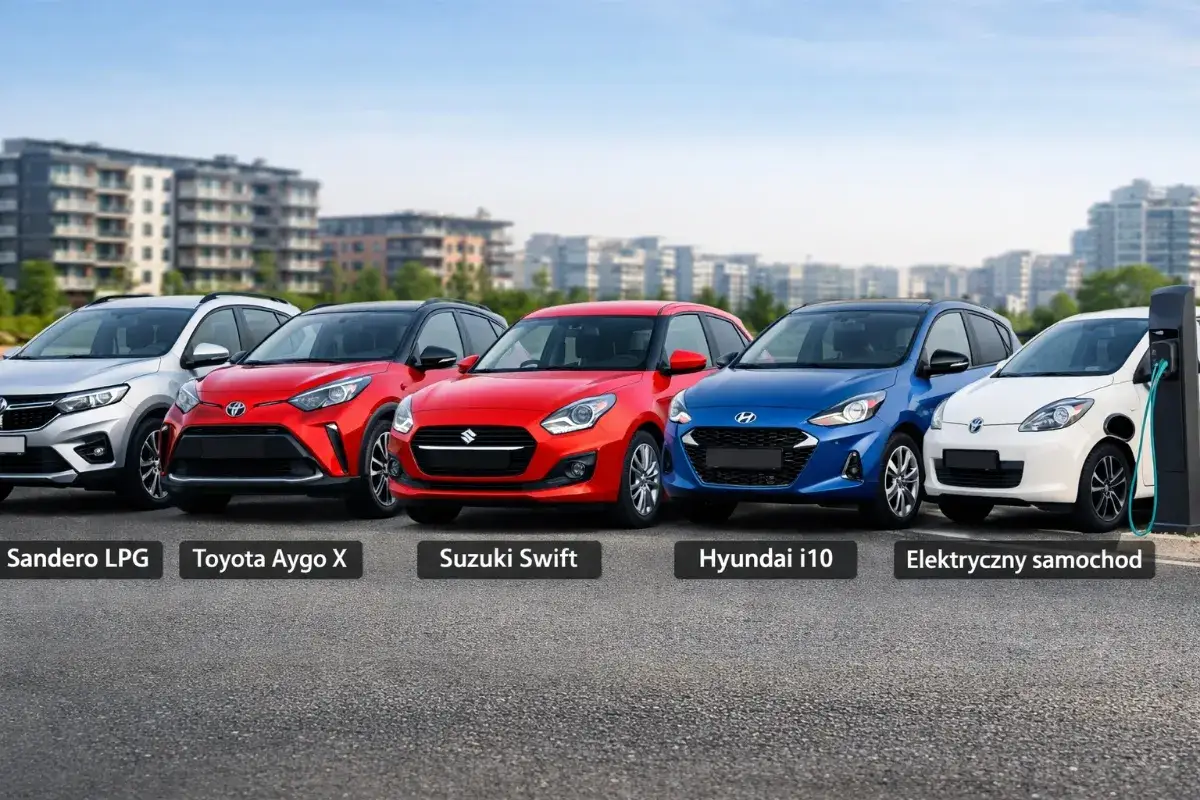 Rząd pięciu samochodów: srebrny, czerwony, czerwony hatchback Suzuki Swift, niebieski Hyundai i10 i biały elektryczny samochód.