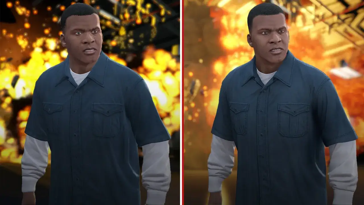 Franklin Clinton w GTA V, obok wybuchu. Dowiedz się, jak zainstalować mody do GTA 5 na Xbox One, by jeszcze bardziej urozmaicić rozgrywkę.