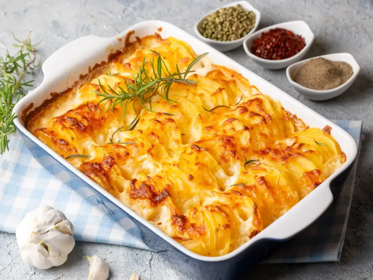 Zapiekanka ziemniaczana z serem, przypominająca danie raclette, z gałązkami rozmarynu i czosnkiem w tle.
