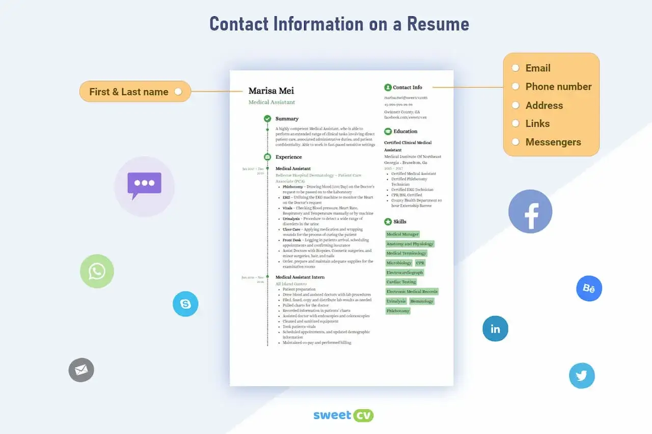 Contatti in inglese CV: email, numero di telefono, indirizzo, link e messaggistica per un assistente medico.