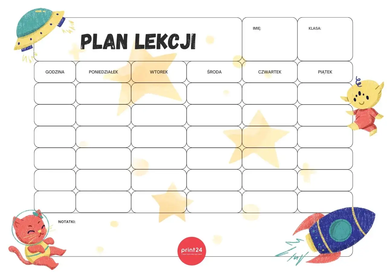 Plan lekcji z kosmicznymi motywami: rakiety, kosmici i kot w skafandrze. Idealny do organizacji przedmiotów szkolnych.