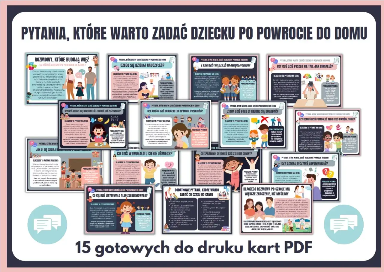 Zestaw kart do losowania tematu do rozmowy z dzieckiem po powrocie do domu.