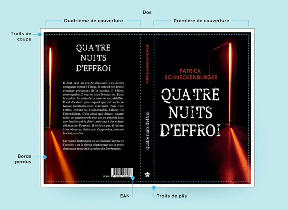 Sch&eacute;ma pour comment faire la couverture d'un livre : dos, premi&egrave;re et quatri&egrave;me de couverture, traits de coupe et plis. Le livre 