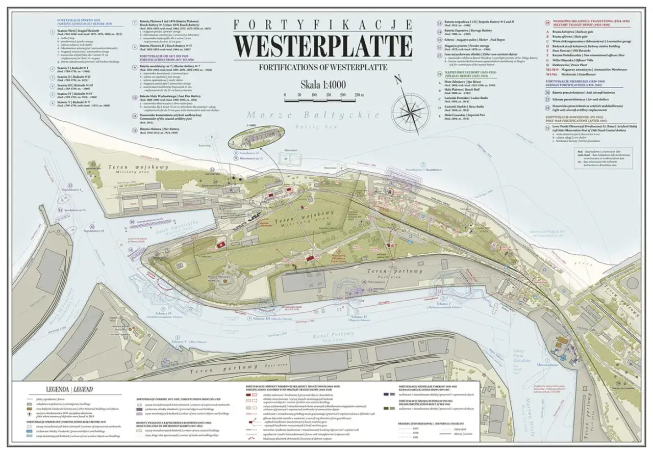Mapa fortyfikacji Westerplatte, pokazująca gdzie leży ten historyczny teren wojskowy i portowy nad Bałtykiem.