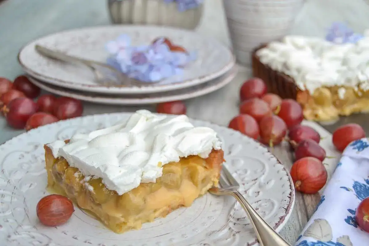 Ein St&uuml;ck von Omas Stachelbeerkuchen mit viel Sahne, umgeben von frischen Stachelbeeren.