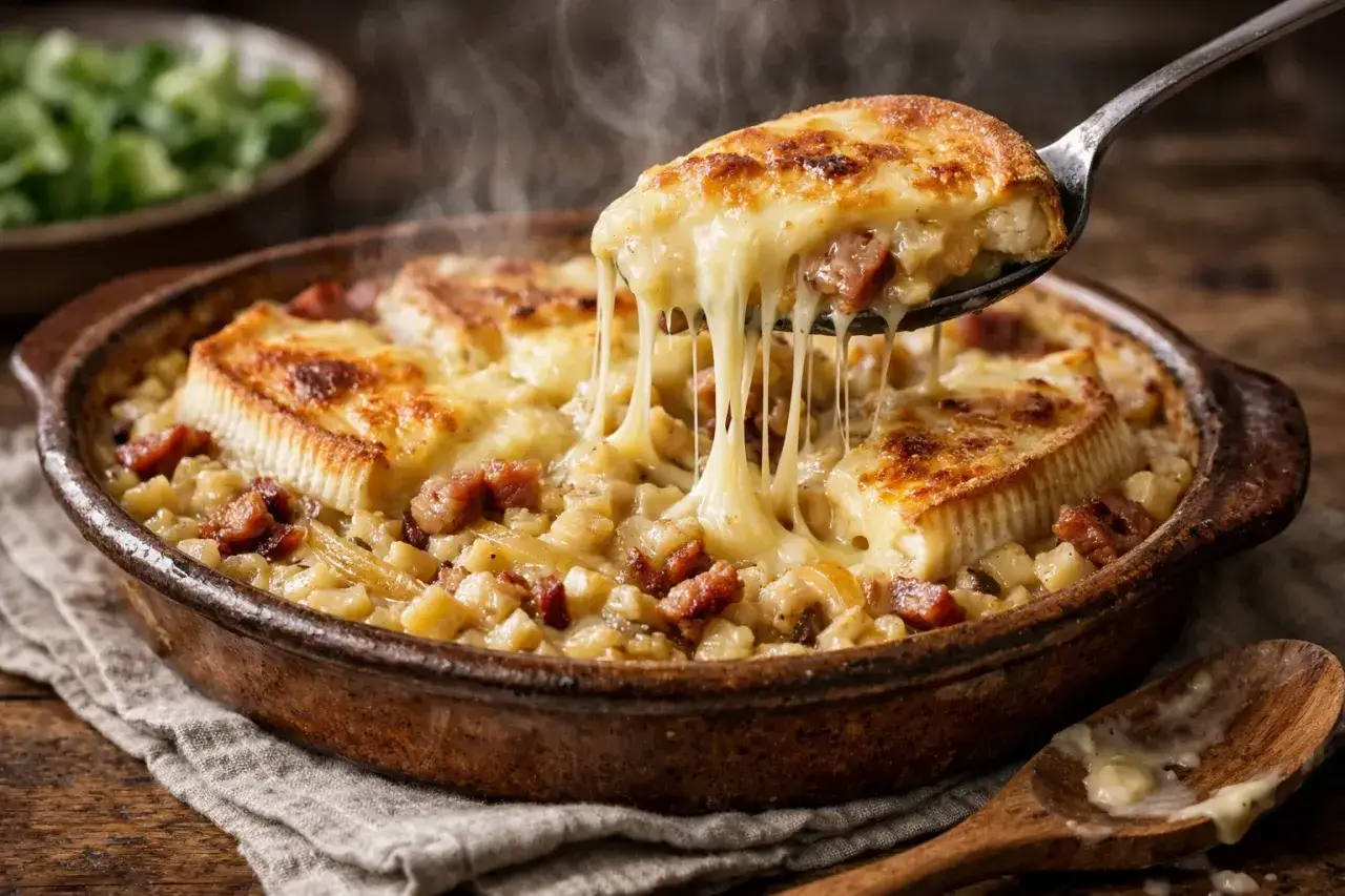 Une cuillère soulève une portion de croziflette fumante, le fromage fondant s'étire. Un plat réconfortant, parfait pour une recette maison.