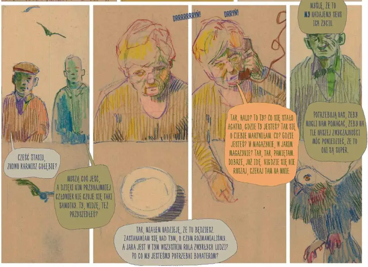 Fragment komiksu: rozmowa o sensie życia, jak zrobic komiks, ludzie karmią gołębie, rozmowa telefoniczna, refleksja nad rolą zwykłych ludzi.