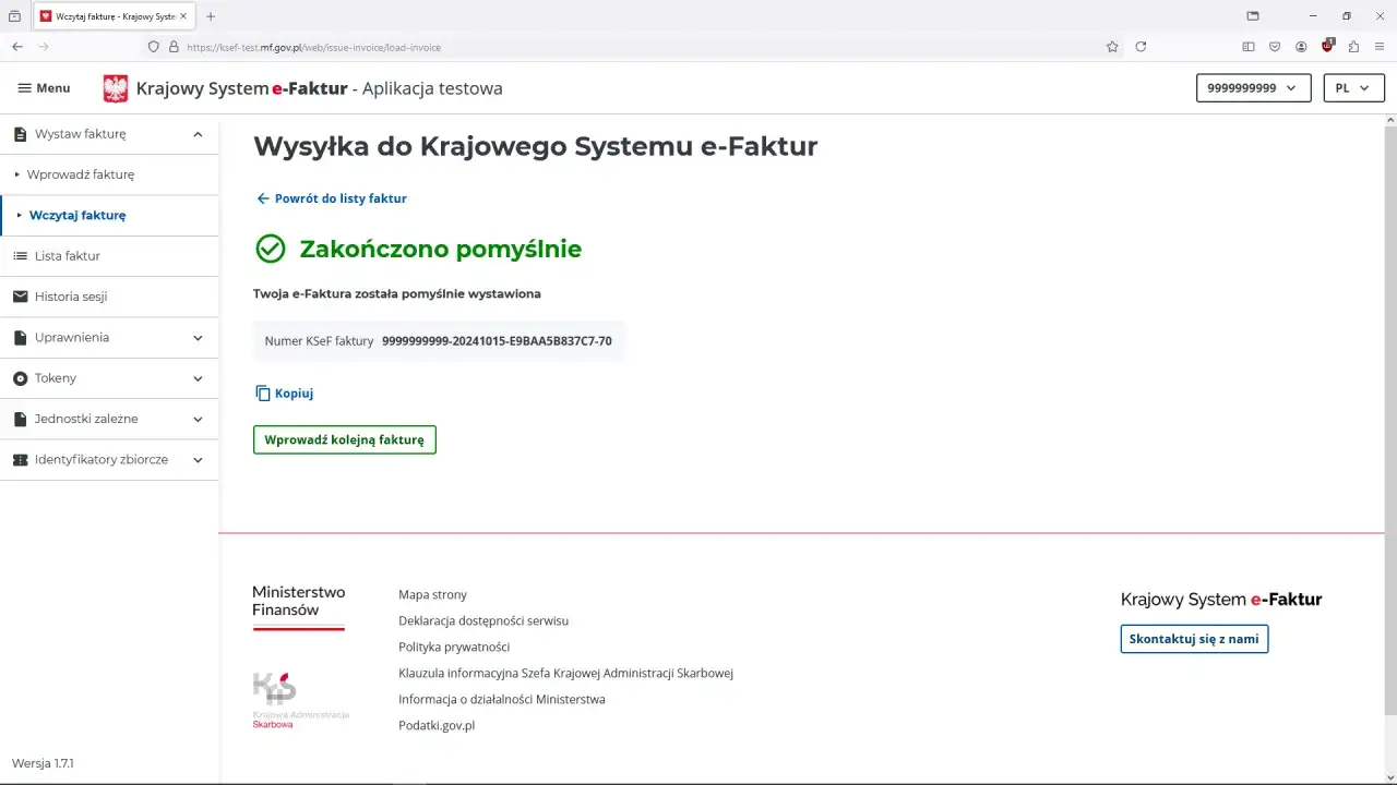 Potwierdzenie wysyłki e-faktury w KSeF. Numer faktury: 9999999999-20241015-E9BAA5B837C7-70.