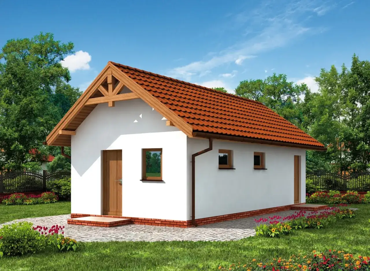 Nowoczesny budynek gospodarczy projekt. Biały, prosty budynek z drewnianymi elementami i czerwoną dachówką, otoczony zielenią i kwiatami.