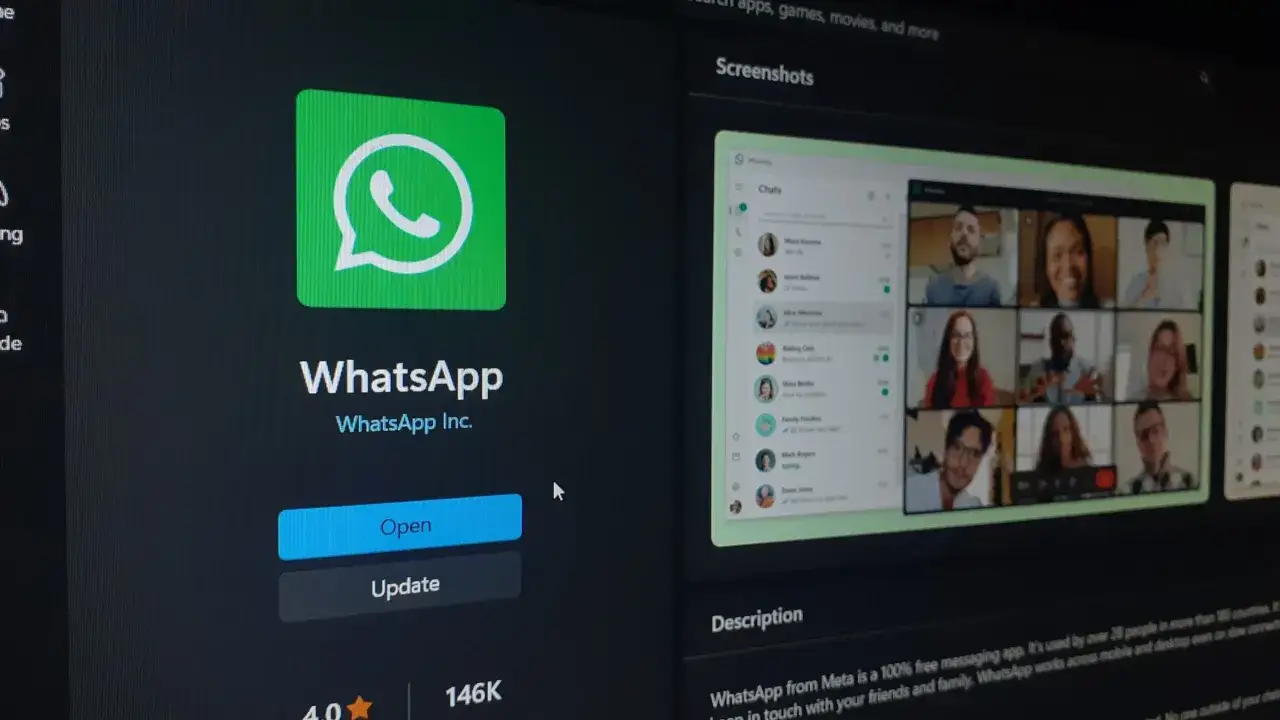 Ekran komputera pokazuje, jak zainstalować WhatsApp. Widoczna jest ikona aplikacji i przyciski