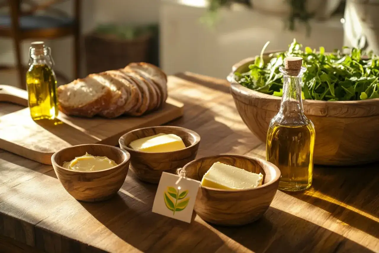 Holzschalen mit Butter, Brot, Oliven&ouml;l und Salat. Butter bei Diabetes: eine bewusste Wahl f&uuml;r gesunde Fette.
