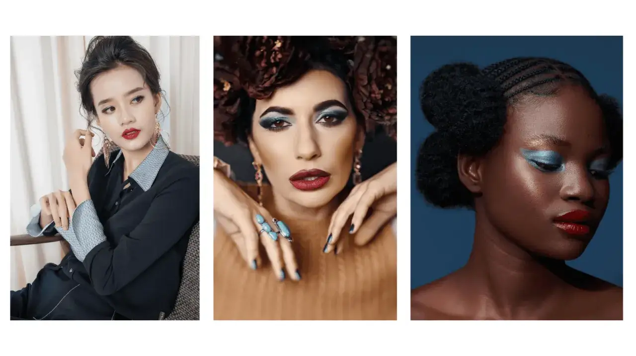 Trzy kobiety prezentujące odważny makijaż i fryzury, inspirujące dla branży beauty.