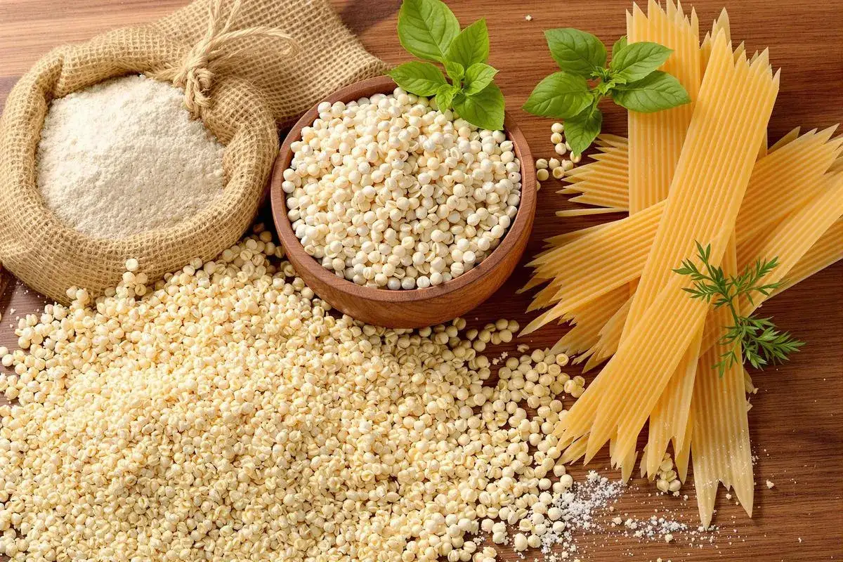 Farine de bl&eacute; dur dans un sac en toile, des grains dans un bol, et des p&acirc;tes jaunes sur une planche en bois.