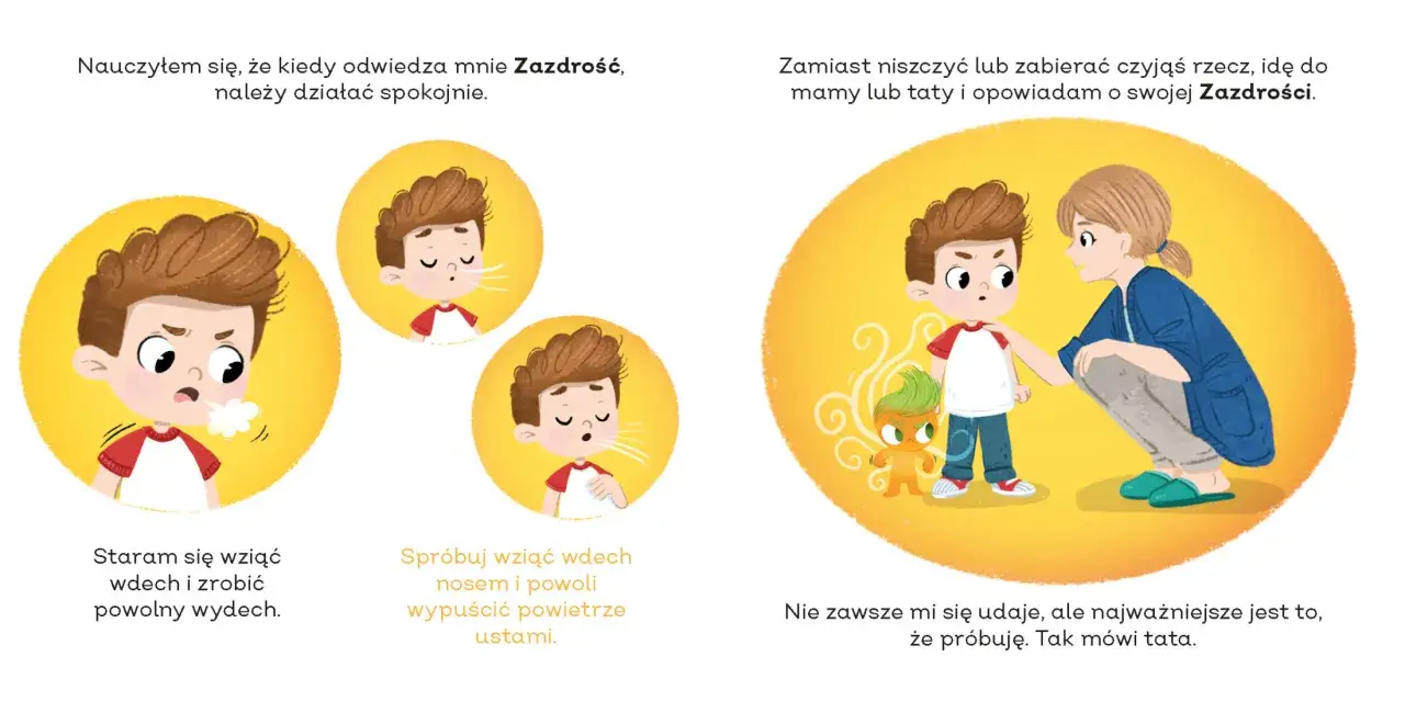 Chłopiec czuje zazdrość, że ktoś ma lepiej. Uczy się spokojnie oddychać i rozmawiać o tym z mamą.