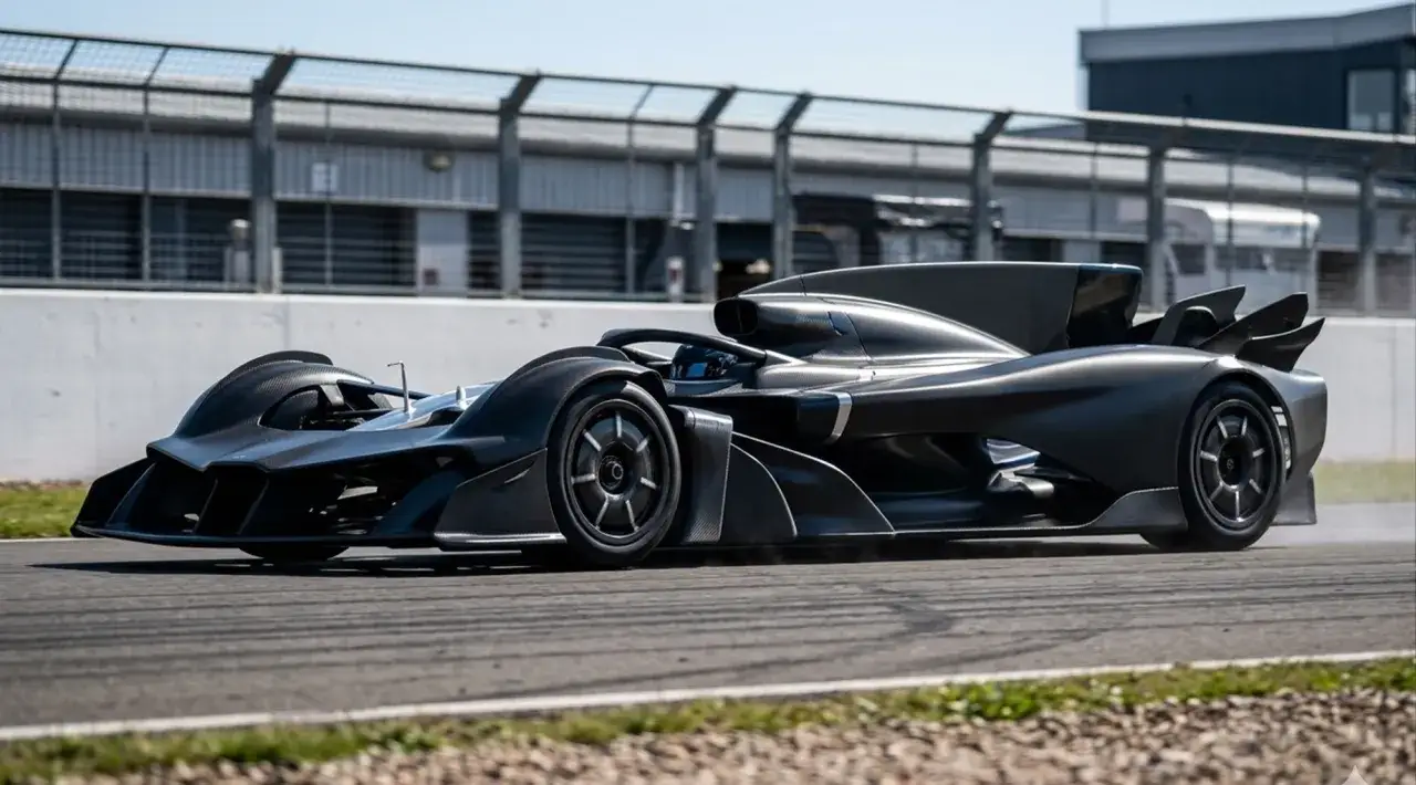 Concept car Aston Martin 2026, un prototipo futurista de carreras en negro mate, listo para la pista.