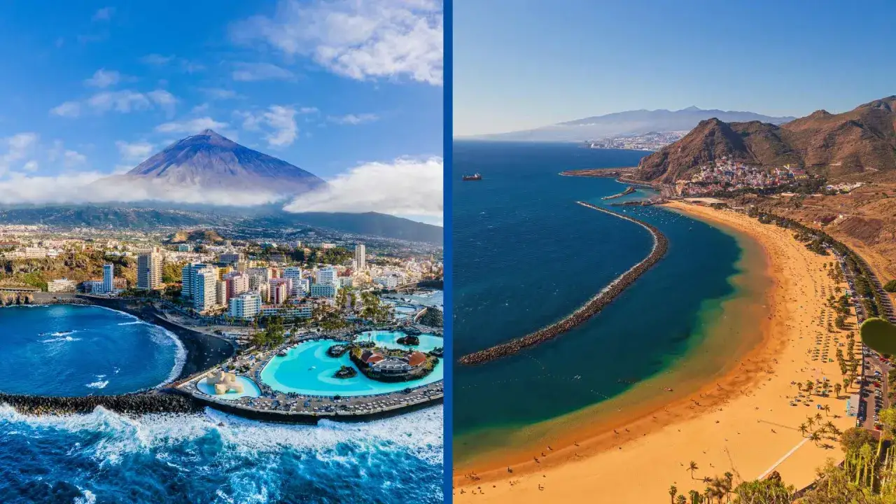 Teneriffa: Stadtansicht mit Teide und goldener Strand. Perfekt für die beste Reisezeit Teneriffa.