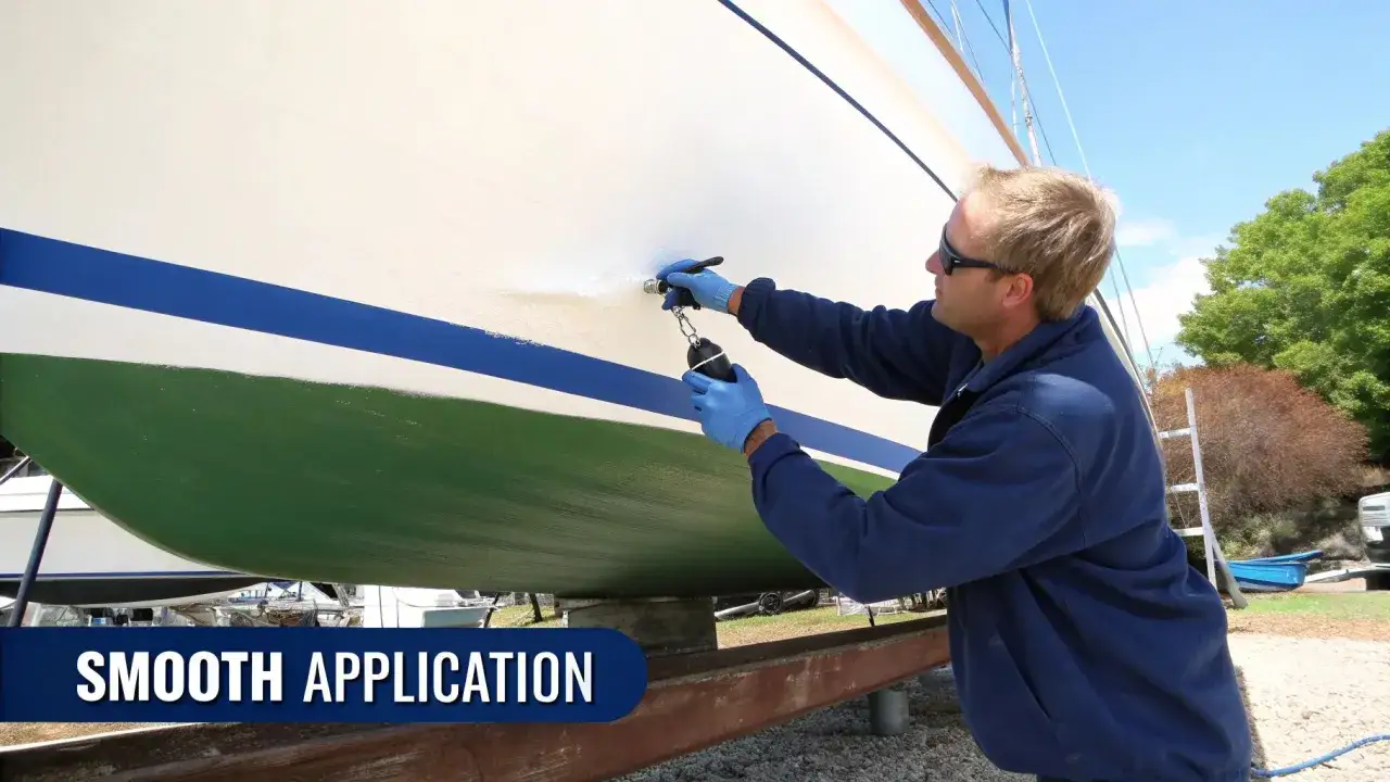 Un homme applique une peinture voilier facile sur la coque blanche d'un bateau. La bande bleue et la coque verte sont visibles.