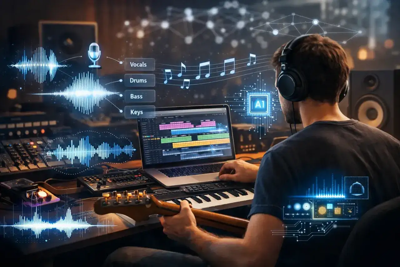 Producent muzyczny z gitarą i słuchawkami pracuje nad utworem, gdzie sztuczna inteligencja muzyka analizuje dźwięki i tworzy nowe melodie.