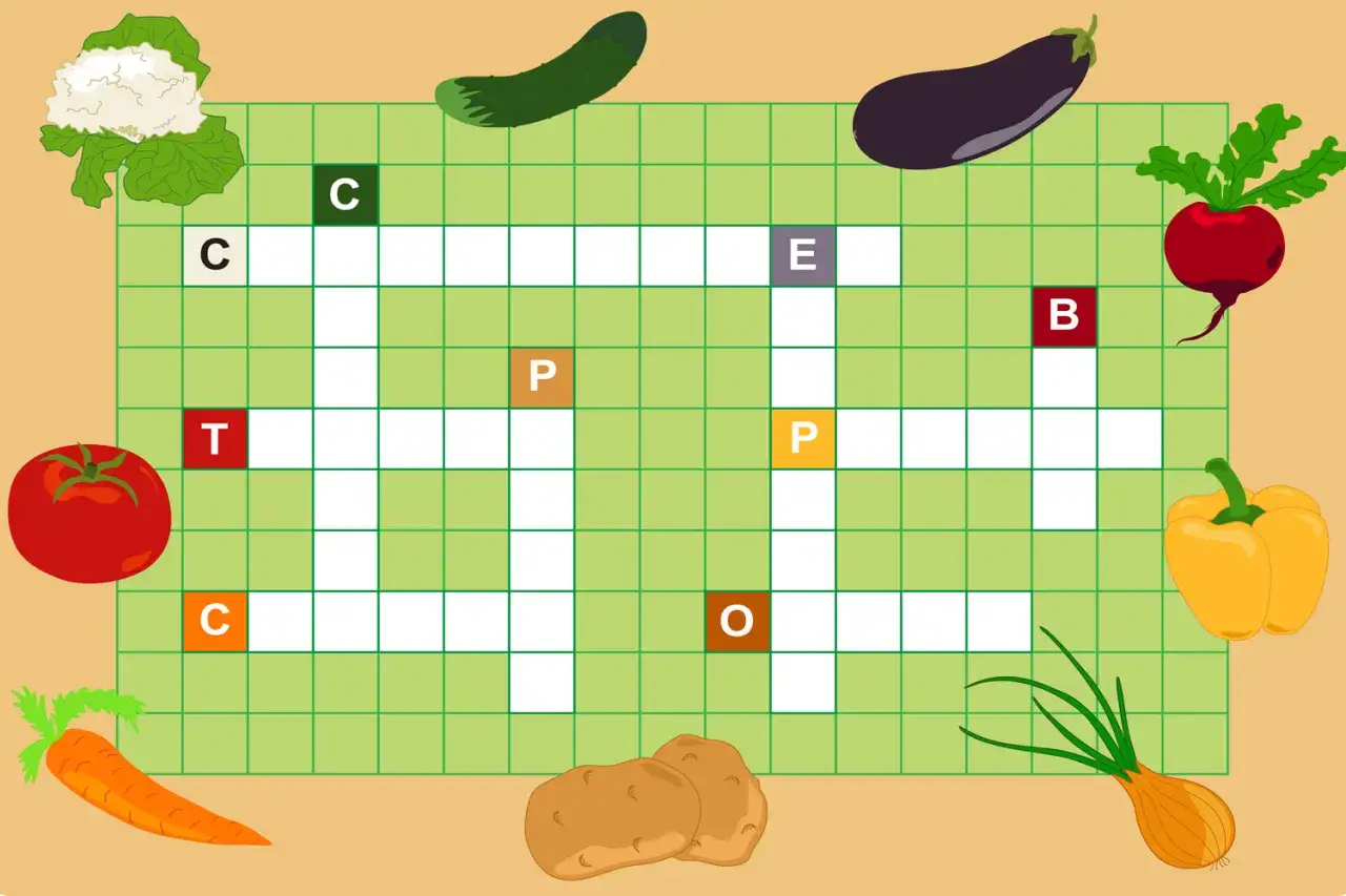 Un cruciverba con verdure: cavolfiore, pomodoro, carota, cipolla, patate, peperone, melanzana, rapa, cetriolo. Un divertente gioco per il crossword puzzle maker italiano.