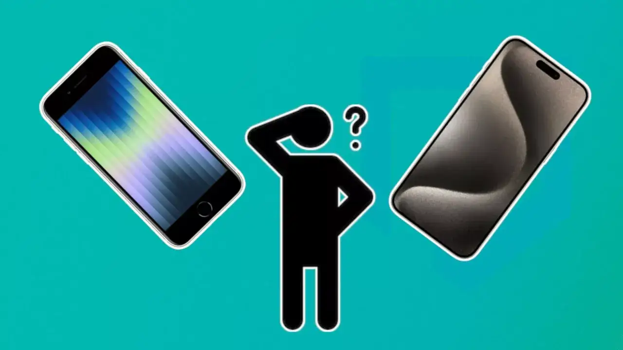 En person funderar vilken iPhone hen har. Två iPhones visas, en med hemknapp och en nyare modell.