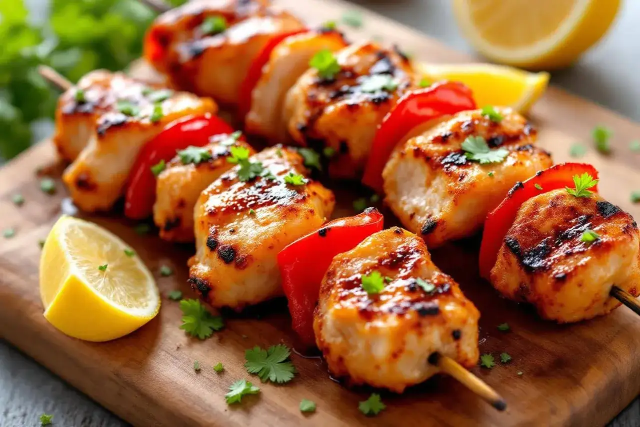 Délicieuses brochettes de poulet grillées, alternant morceaux de poulet tendres et poivrons rouges croquants, garnies de persil frais et accompagnées de quartiers de citron.