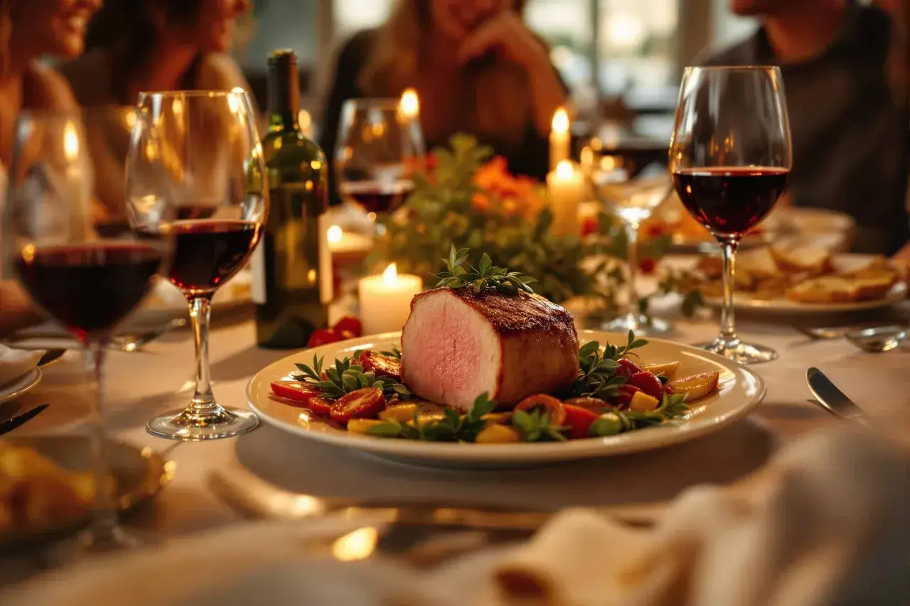 Un rôti de veau savoureux servi avec des légumes, accompagné de vin rouge. Parfait pour savoir que boire avec un rôti de veau lors d'un dîner aux chandelles.