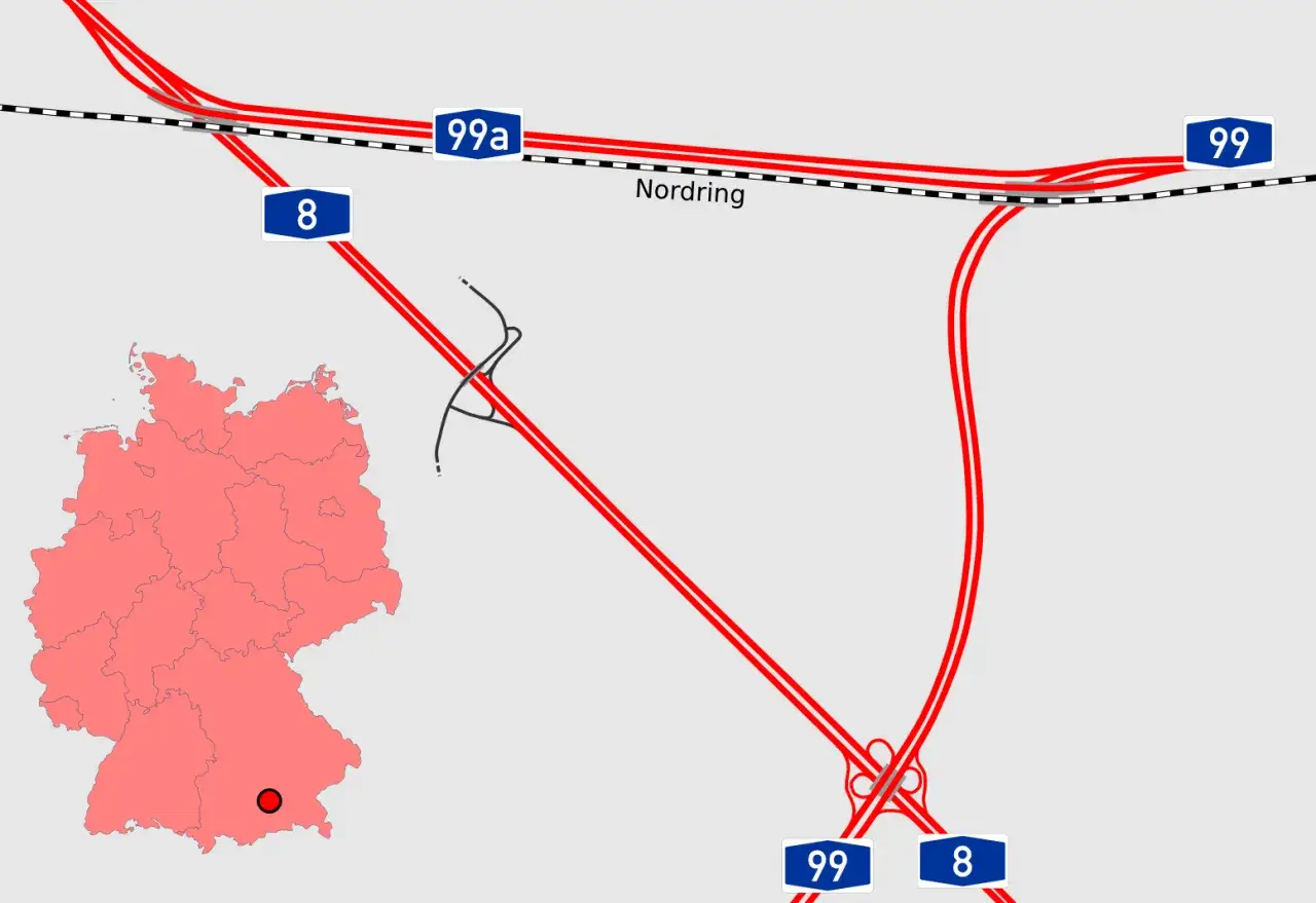 Mapa Niemiec z zaznaczonymi autostradami A8, A99 i A99a. Pytanie: ile jest autostrad w Niemczech?