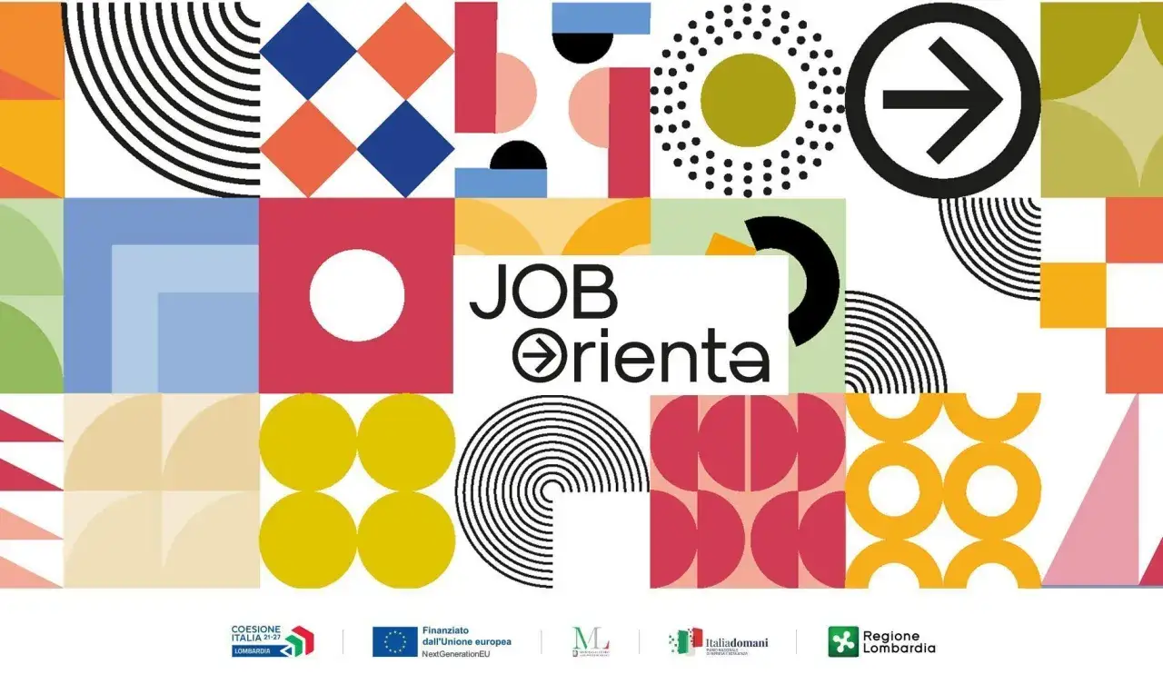 Grafica colorata con forme geometriche e testo