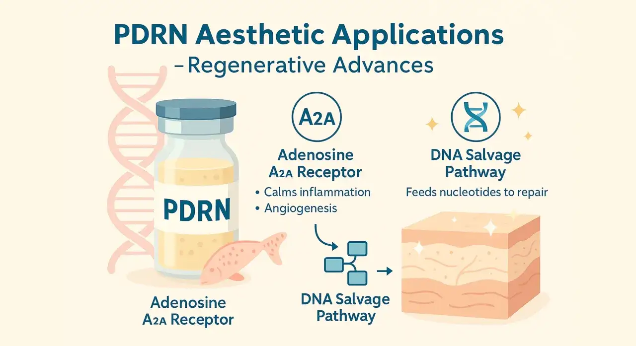 PDRN: vial con líquido, ADN, receptor A2A, vía de salvamento de ADN y piel regenerada.