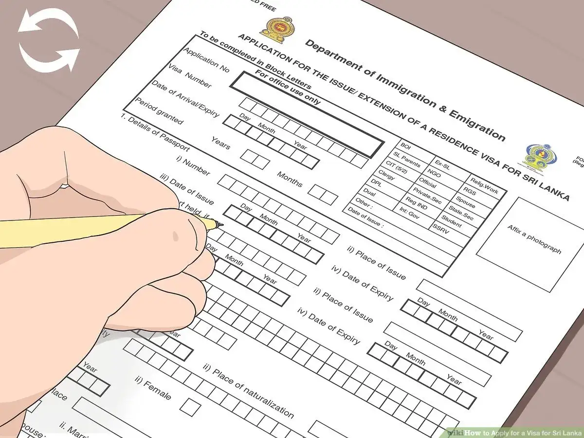 Ręka wypełnia formularz wniosku o wizę na Sri Lankę.