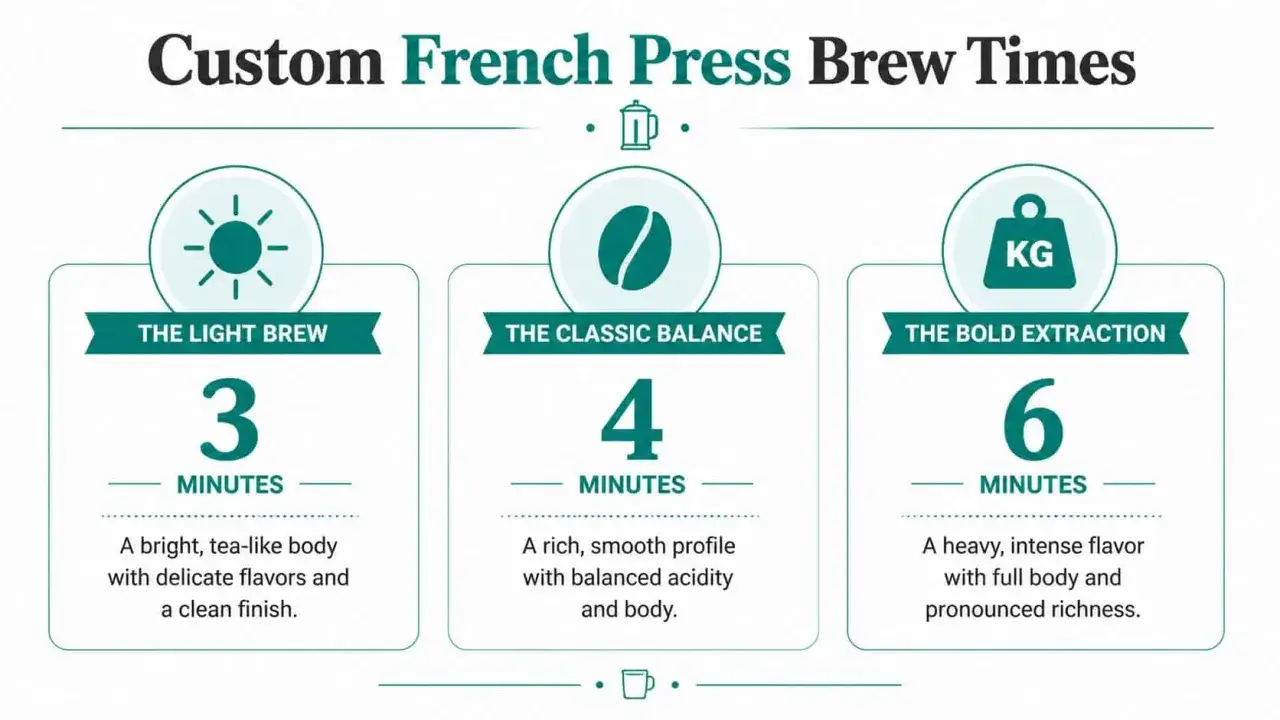 Guida ai tempi di infusione per il caff&egrave; in french press: 3 min per un gusto leggero, 4 min per un equilibrio classico, 6 min per un'estrazione audace.