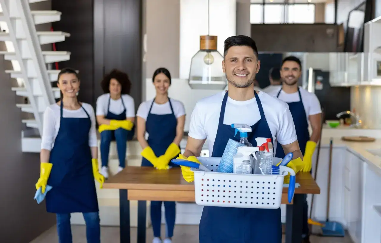 Team di addetti alle pulizie sorridenti, con cestino e prodotti. Il loro stipendio da addetto alle pulizie part time è meritato.