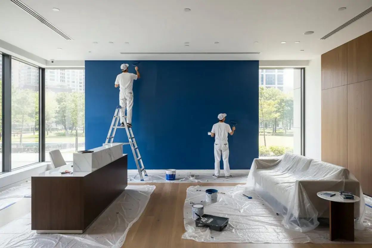 Pittori applicano nuove tecniche di pittura per interni su un'ampia parete blu. Mobili coperti, tutto pronto per un restyling.