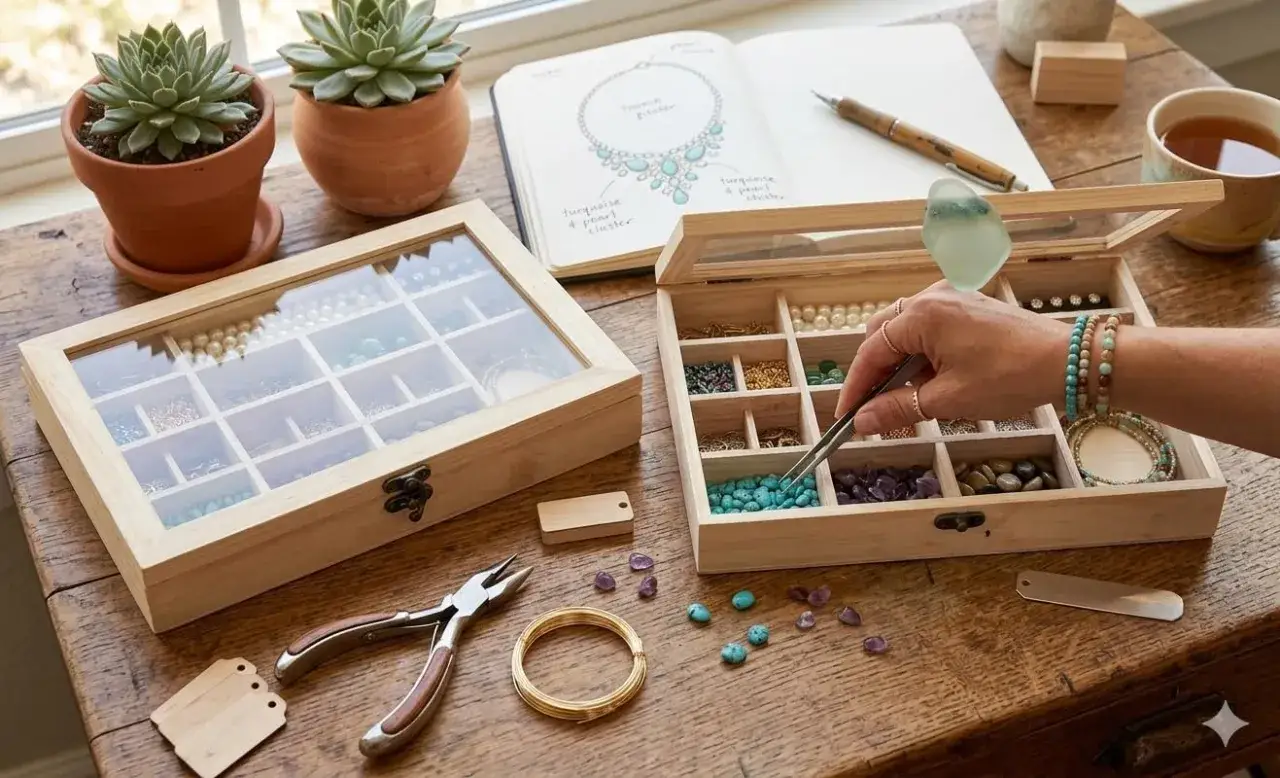 Un joyero manualidades con cuentas, herramientas y un cuaderno de diseño de collares.