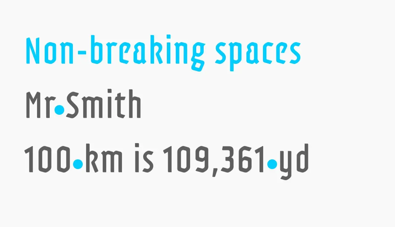 Non-breaking spaces: Mr. Smith, 100.km is 109,361.yd. Spacja inaczej, która nie pozwala na podział tekstu.