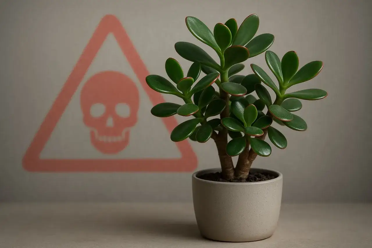 Ein Geldbaum im Topf, hinter dem ein Totenkopf-Warnsymbol zu sehen ist. Vorsicht, wenn die Katze neugierig ist!