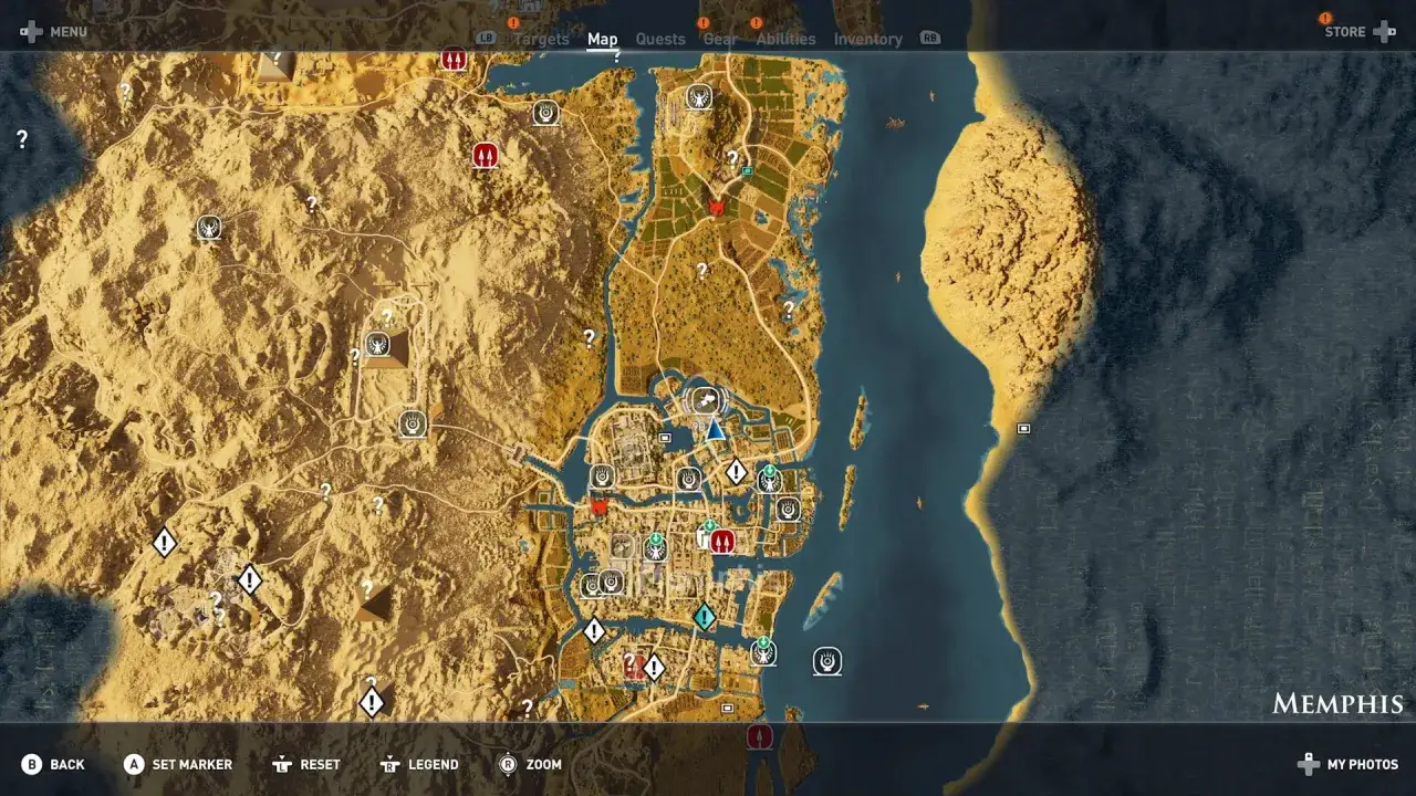 Mapa Memphis z Assassin's Creed Origins. Szukaj papirusów i odkrywaj starożytny Egipt.