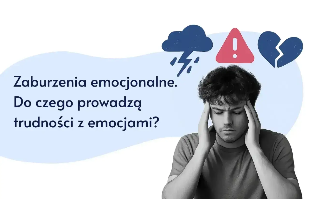 Młody mężczyzna z rękami na skroniach, symbolizujący nie czucie emocji. Nad nim chmura deszczowa, wykrzyknik i złamane serce.