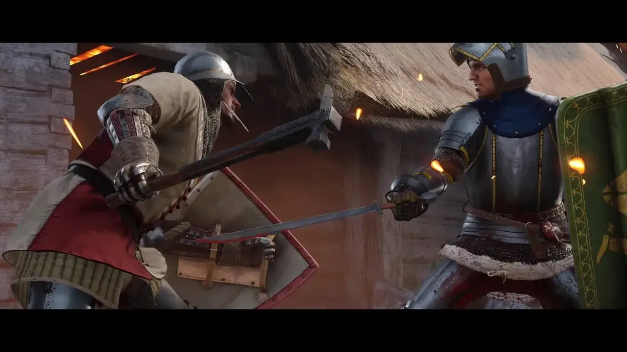 Dos caballeros se enfrentan en combate en Kingdom Come Deliverance 2. Uno empuña un martillo de guerra, el otro una espada.