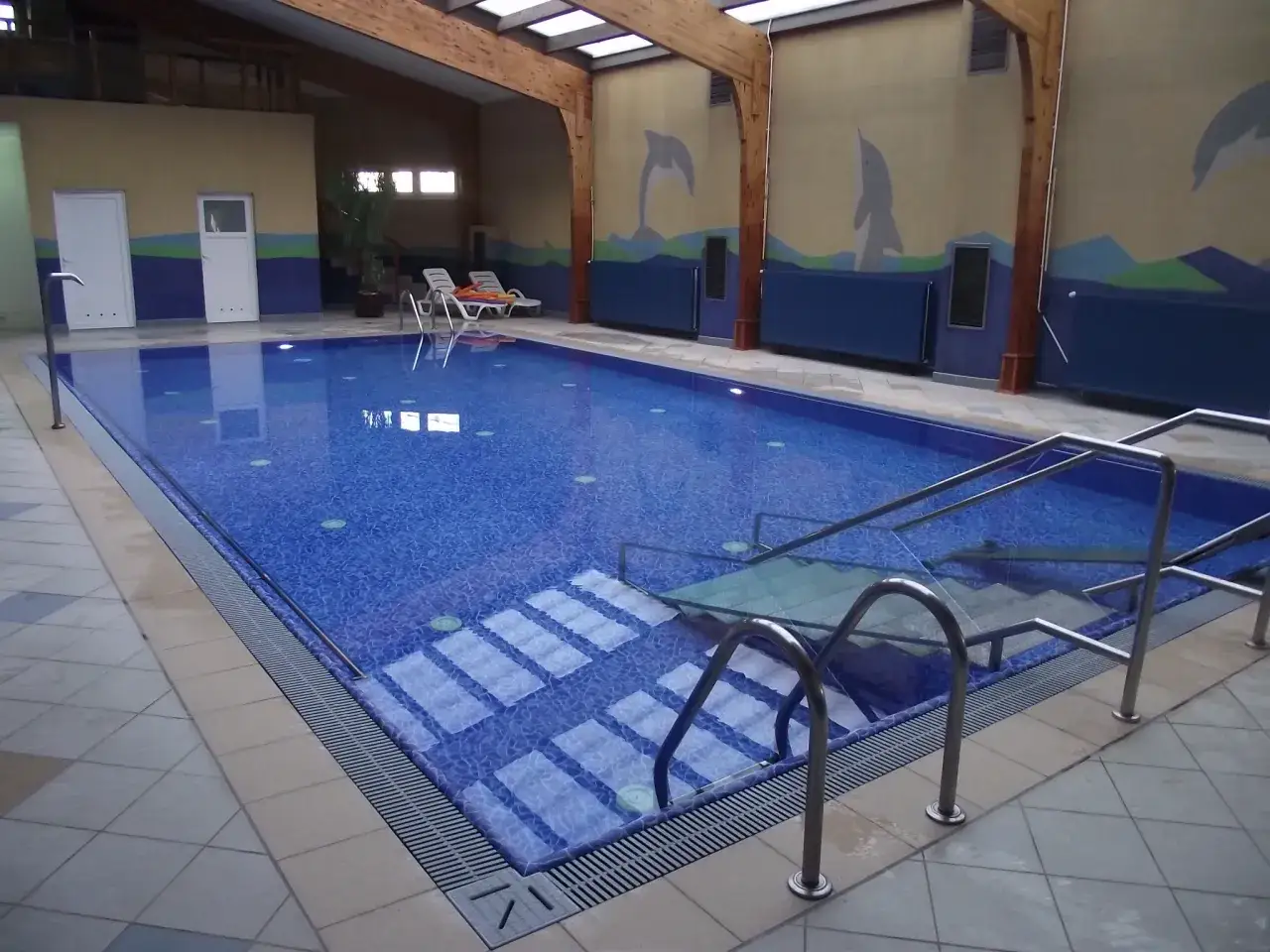 Basen w sanatorium Sanvit Ciechocinek z delfinami na ścianie.