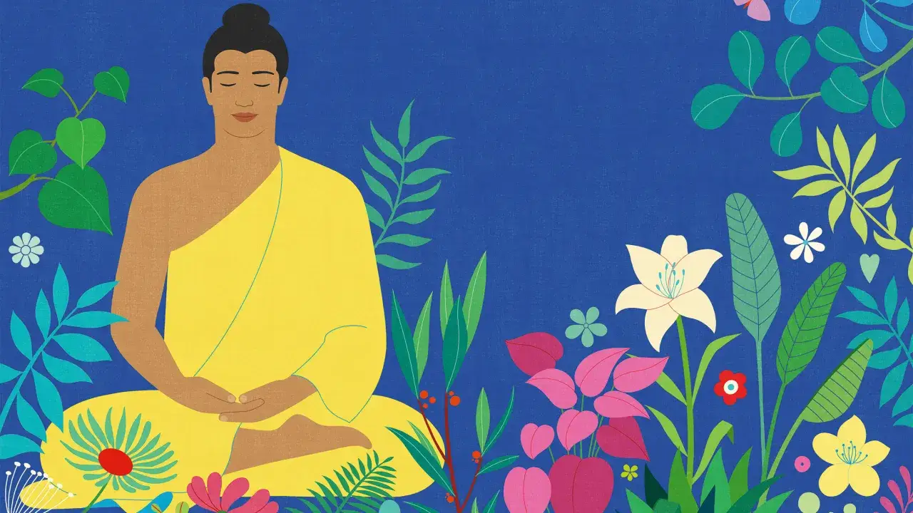 Buddha i gul dräkt sitter i buddhistisk meditation omgiven av frodig grönska och färgglada blommor.